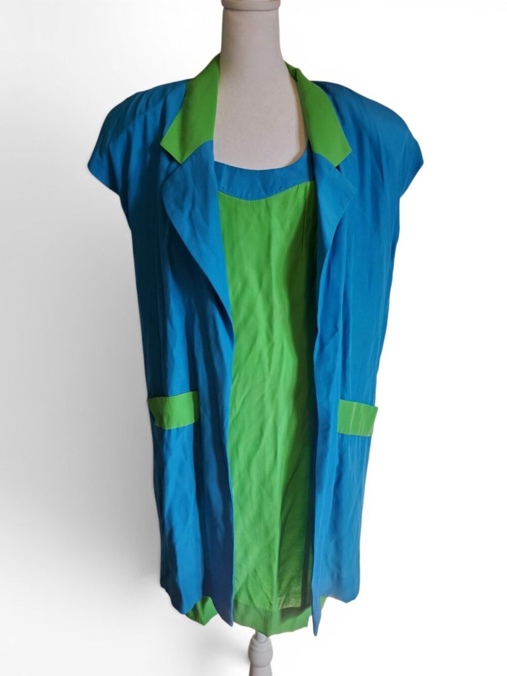 Vintage 80s Teal Blue and Green Bold Colorful Sleeveless Dress and Cover Up Set